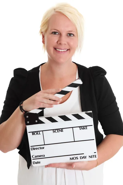 Mulher bonito segurando uma ardósia filme — Fotografia de Stock