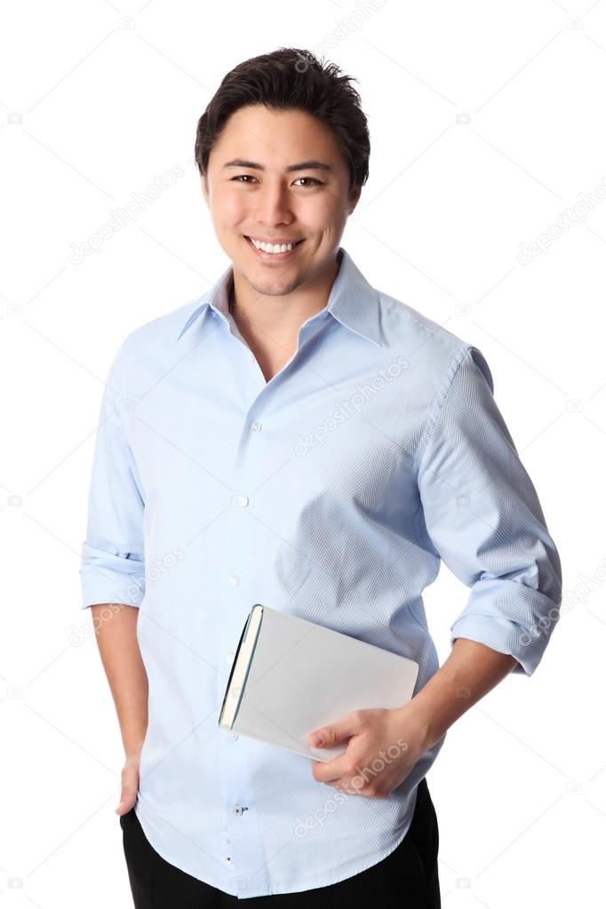 Handsome man with a blank book
