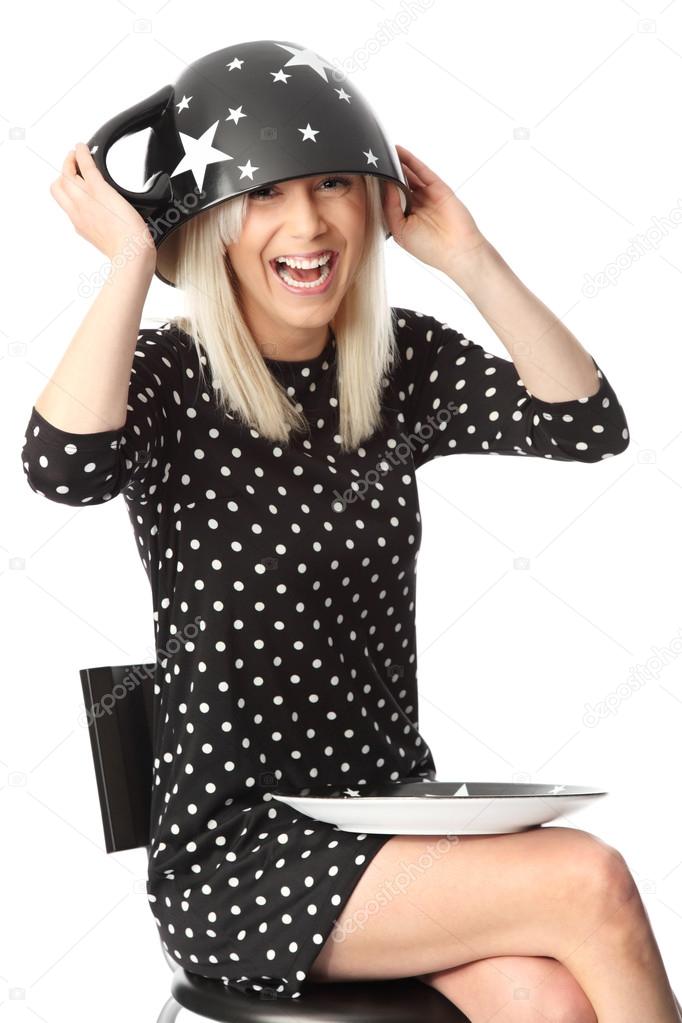 Funny woman with coffee cup