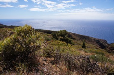 volkanik sahne olan kayalıklarla ve mavi deniz