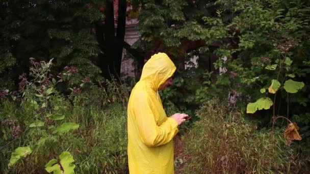 Um homem de capa de chuva andando no jardim da floresta — Vídeo de Stock