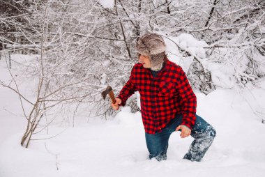 Kışın karlı ormanda oduncu. Baltalı hippi. Oduncu yaşam tarzı. Ormanda çalışan yakışıklı adam..
