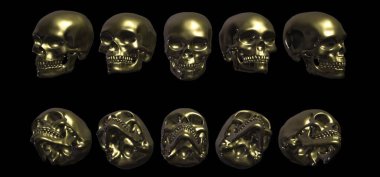 3d rendering of skull with silver skulls and black metallic background