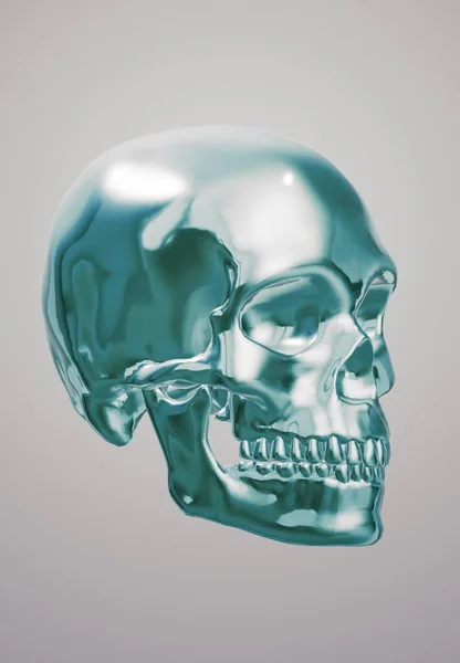 Blue Glowing Ice Skull Gray Background — Zdjęcie stockowe