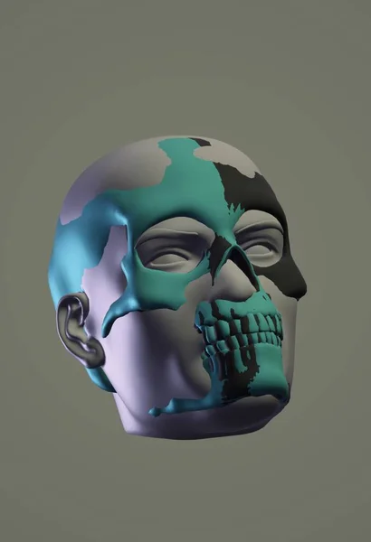 3d illustration of the face of a skeleton with blue eyes