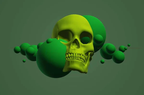 skull with green leaves on a blue background. vector illustration
