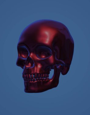 red skull with blue eyes and a white background, illustration, 3d rendering