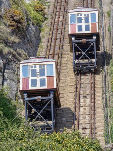 Carriages Passing Historic Funicular Vertical Railway Hastings East Sussex April — Foto Stock