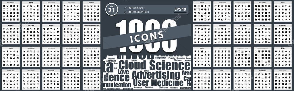 Pack of 1000 Icons ui essentials, cyber crime, finance, beach, conscious living and personality traits