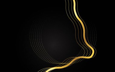 Soyut koyu siyah arkaplan. Üst üste binen katmanlar, metin için kopyalama alanı olan altın çizgiler. Lüks bir şekilde. Vektör illüstrasyonu.