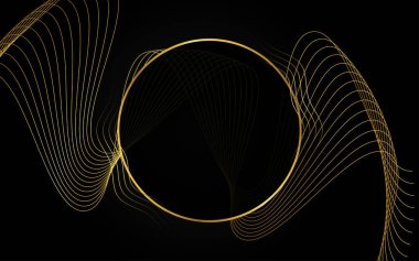 Soyut koyu siyah arkaplan. Üst üste binen katmanlar, metin için kopyalama alanı olan altın çizgiler. Lüks bir şekilde. Vektör illüstrasyonu.