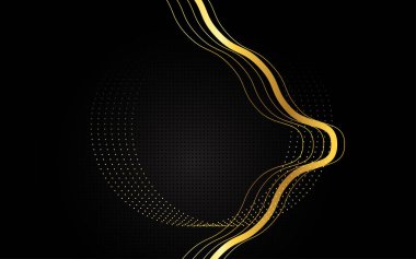 Soyut koyu siyah arkaplan. Üst üste binen katmanlar, metin için kopyalama alanı olan altın çizgiler. Lüks bir şekilde. Vektör illüstrasyonu.