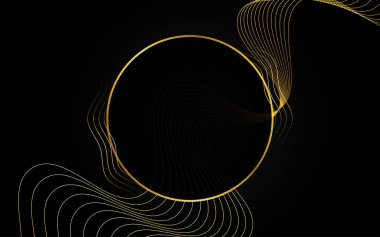 Soyut koyu siyah arkaplan. Üst üste binen katmanlar, metin için kopyalama alanı olan altın çizgiler. Lüks bir şekilde. Vektör illüstrasyonu.