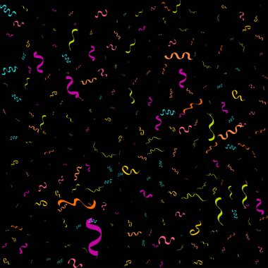 Pek çok renkli konfeti parçası ve kurdelesi olan soyut Kara Arkaplan. Karnaval. Noel ya da yeni yıl dekorasyonu doğum günü için renkli parti flamaları. Festival Vektör İllüstrasyonu