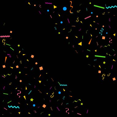 Renkli Konfeti. Kara Arkaplan 'da İzole Edilen Düşen Parlak Konfeti' nin Vector Festive Illulation 'ı. Tasarım Vektörü İllüstrasyonu için Tatil Dekoratif Tinsel Element