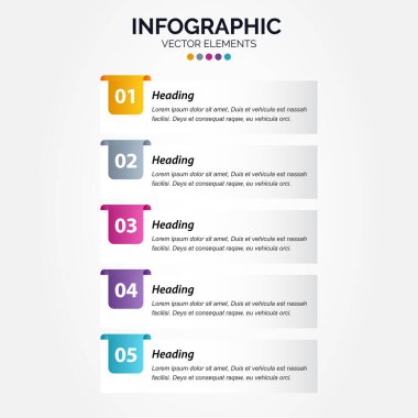Dikey Infographic tasarım şablonu 5 seçenek veya adımla. Vektör İllüstrasyonu