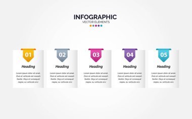 Yatay Infographic tasarım şablonu. 5 adımlı yaratıcı bir kavram. İş akışı düzeni için kullanılabilir. Diyagram. Pankart. Web tasarımı. Vektör illüstrasyon Vektör İllüstrasyonu