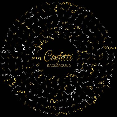 Altın Konfeti, siyah arka planda izole edildi. Vektör İllüstrasyonunu Kutla
