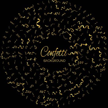 Altın Konfeti ve Şerit Kurdelesi Siyah Arkaplanda Düşüyor. Vektör Vektör İllüstrasyonu