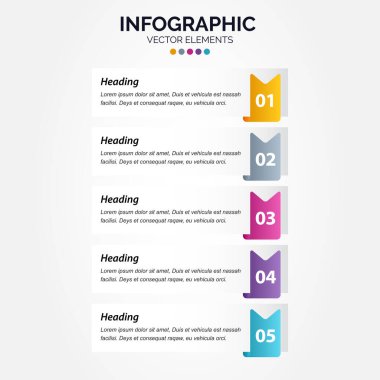 Dikey Infographic tasarım şablonu. 5 adımlı yaratıcı bir kavram. İş akışı düzeni için kullanılabilir. Diyagram. Pankart. Web tasarımı. Vektör illüstrasyon Vektör İllüstrasyonu