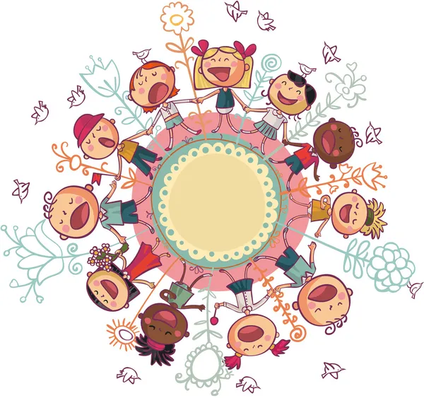 Kids and flowers in circle — Stock Vector