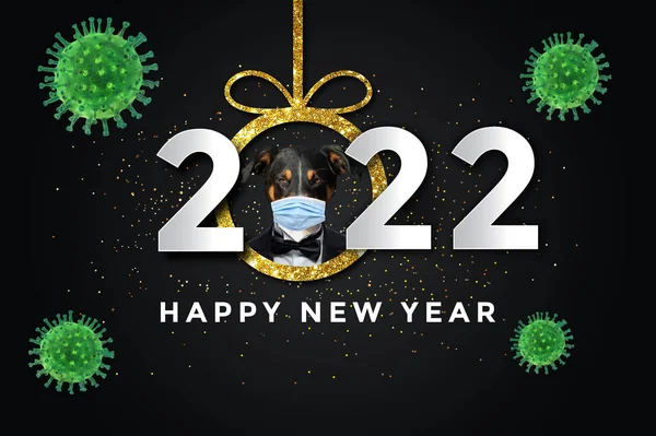 happy new year 2022 with a Dog, black background. covid-19, corona virus concept