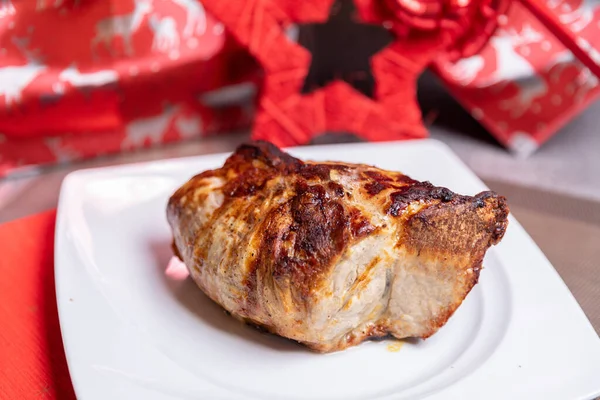 Cena Natale Arrosto Maiale Forno Carne Glassata Piccante — Foto Stock