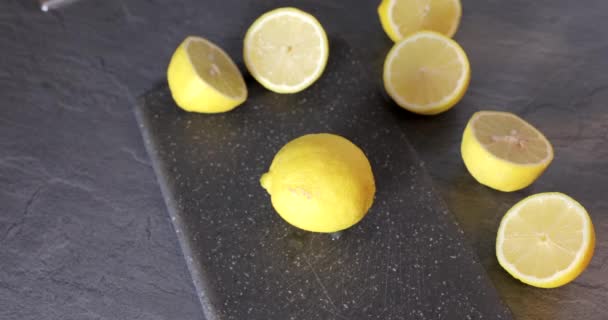 Knife Cuts Juicy Lemon Juice Flows Cutting Board — Stock video
