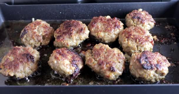 Tasty Meatballs Frying Hot Pan — стоковое видео