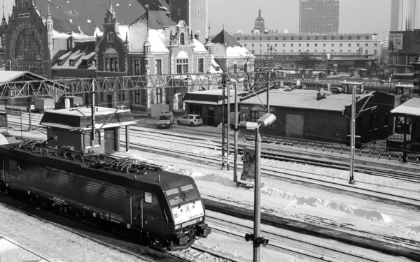 Järnvägsstationen och tåg. — Stockfoto