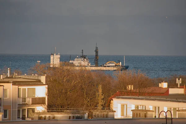 Wiew Vom Morgen Die Schiffseinfahrt Den Hafen Danzig Brzezno Ostsee — Stockfoto