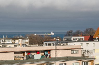 Sabah görüşürüz. Limanın gemi girişi. Gdansk Brzezno, Baltık Denizi. Gdansk Körfezi, Polonya.