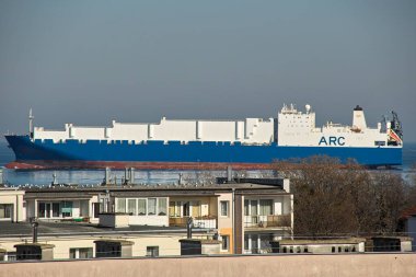 Sabah görüşürüz. Limanın gemi girişi. Gdansk Brzezno, Baltık Denizi. Gdansk Körfezi, Polonya.