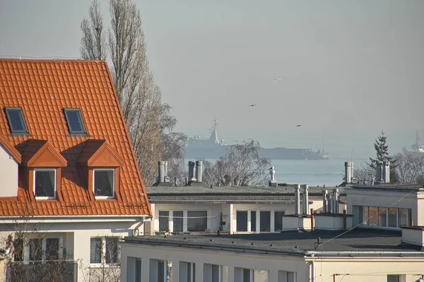 Por Mañana Entrada Del Barco Puerto Gdansk Brzezno Mar Báltico — Foto de Stock