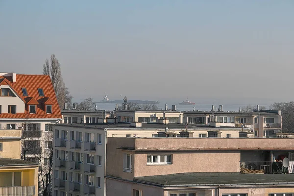 Majd Reggel Hajó Bejárata Kikötőbe Gdansk Brzezno Balti Tenger Gdanski — Stock Fotó