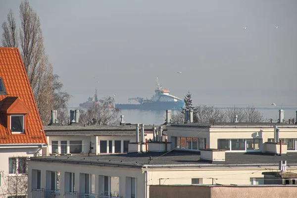 Por Mañana Entrada Del Barco Puerto Gdansk Brzezno Mar Báltico — Foto de Stock