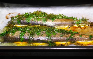 Polonya mutfağında alabalık, Polonya masasında. Salmonidae familyasından alabalık. Kuzey Polonya 'dan tatlı su balıkları.