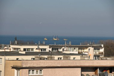 Sabah görüşürüz. Limanın gemi girişi. Gdansk Brzezno, Baltık Denizi. Gdansk Körfezi, Polonya.