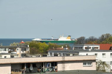 Sabah görüşürüz. Limanın gemi girişi. Gdansk Brzezno, Baltık Denizi. Gdansk Körfezi, Polonya.