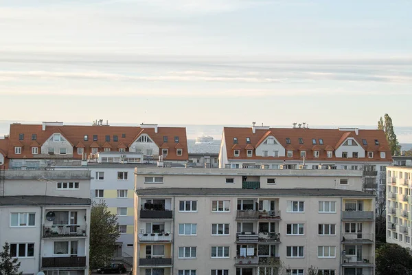 Majd Reggel Hajó Bejárata Kikötőbe Gdansk Brzezno Balti Tenger Gdanski — Stock Fotó