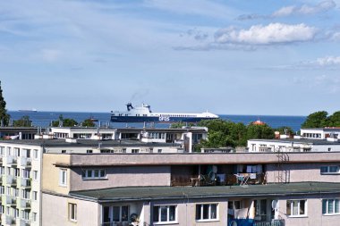 Sabah görüşürüz. Limanın gemi girişi. Gdansk Brzezno, Baltık Denizi. Gdansk Körfezi, Polonya.