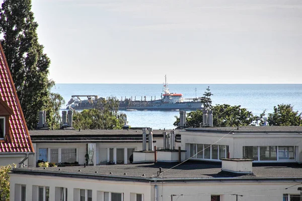 Morgon Bitti Fartygets Ingång Till Hamnen Gdansk Brzezno Östersjön Gdanskbukten — Stockfoto