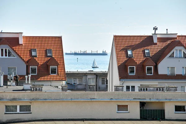 Morgon Bitti Fartygets Ingång Till Hamnen Gdansk Brzezno Östersjön Gdanskbukten — Stockfoto