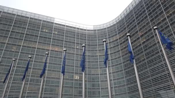 Brussels, Belgium - 10th of December 2021: European Union flags in a row waving in the wind in front of European Commission, Berlaymont building in central Brussels city, Belgium — ストック動画