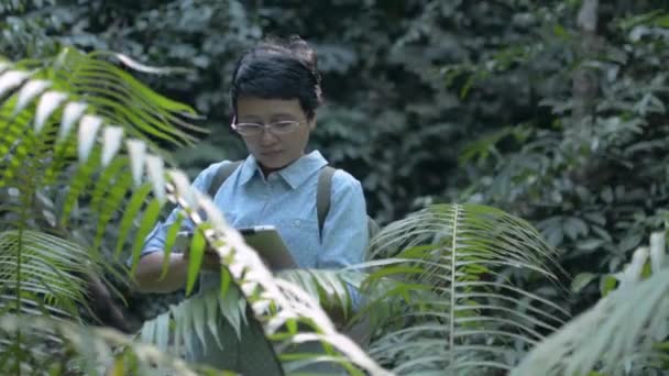 Asyalı Kadın Botanikçi Bitki Türlerini Araştırıyor Tropikal Yağmur Ormanlarında Dijital — Stok video