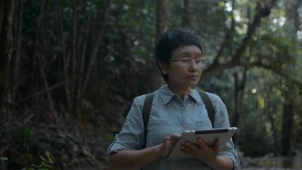 Asian Female Nature Conservationist Looking While Working Rainforest Digital Tablet — Stockvideo