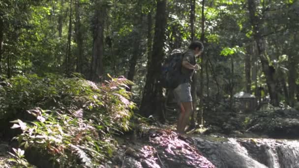 Asian Woman Backpacker Walking Cascade Green Tropical Forest Summer Scene — Stock Video
