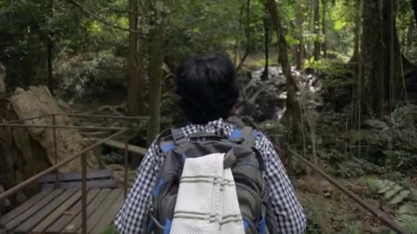 Shot Female Nature Traveler Backpack Walking Wooden Bridge Aiming Cascade — Stock Video