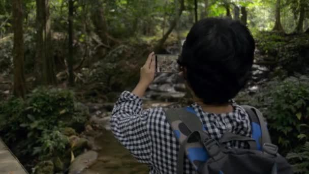 Caminante Del Bosque Fotógrafa Mujer Bosque Disparando Cascada Vista Nuevo — Vídeos de Stock