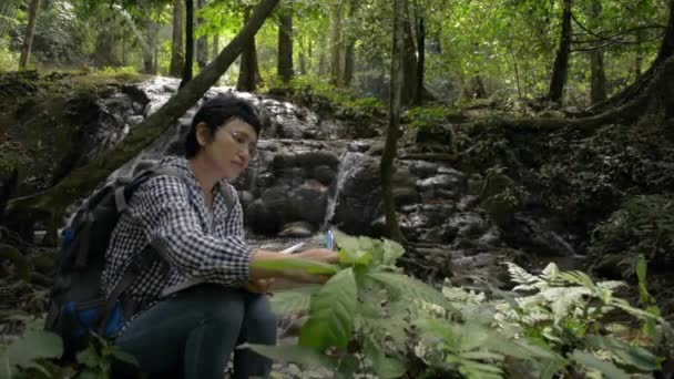 Femme Écologiste Asiatique Observant Analysant Les Caractéristiques Des Plantes Poussant — Video